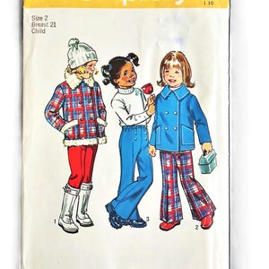 May include: Vintage Simplicity sewing pattern 6638 for children's clothing. The pattern features illustrations of three children wearing coats and pants. The pattern includes size 2, with a breast measurement of 21 inches.