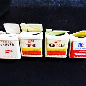 FOUR (4) Vintage Metal SPICE TINS