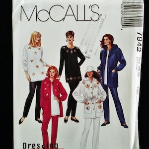 May include: A McCall's sewing pattern envelope featuring illustrations of five different outfits. The outfits include a white top with star designs, a black dress, a red suit, a white jacket and pants set, and a navy blue coat. The text "Dressing Down" is visible.