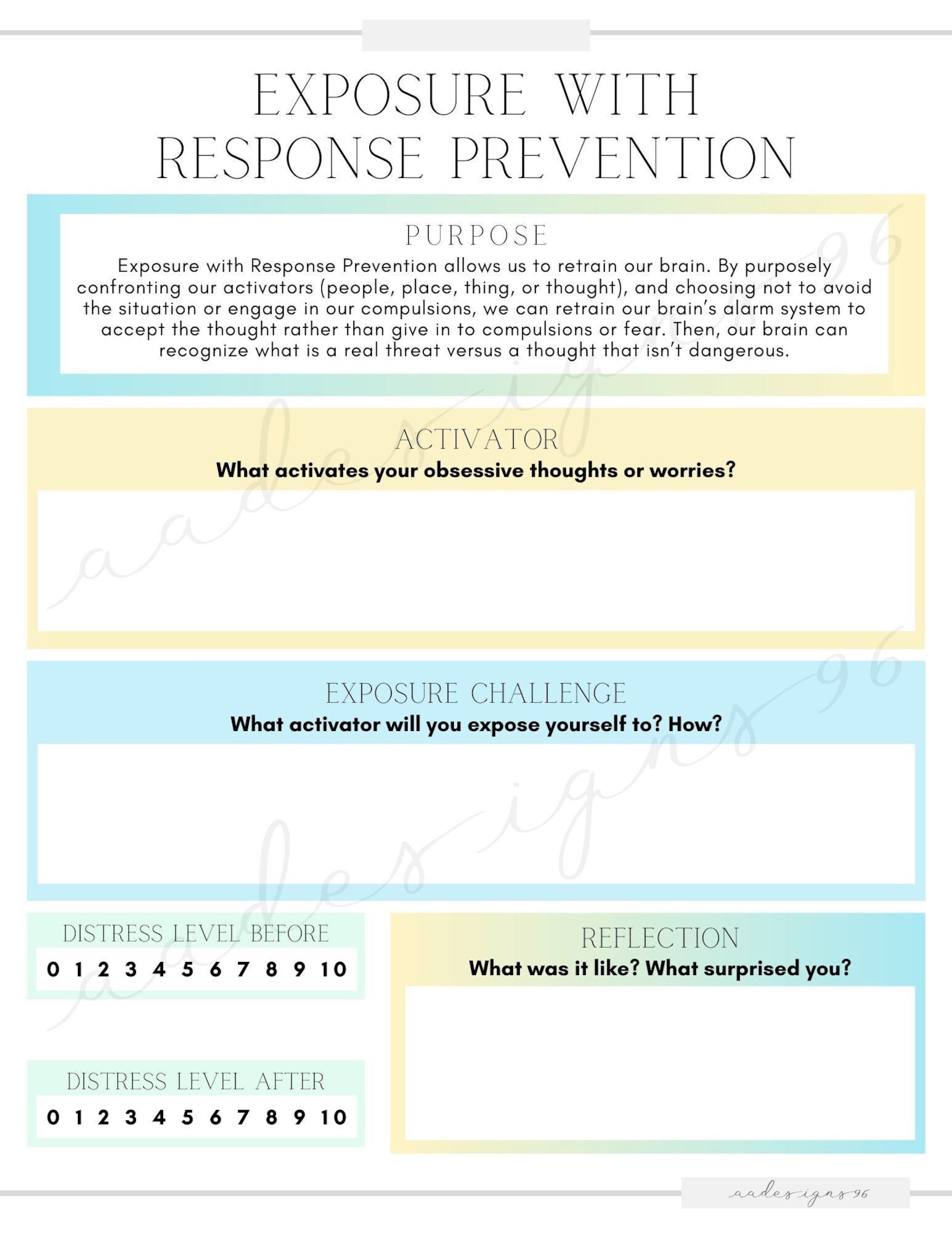 Exposure With Response Prevention Therapy Worksheet for OCD / Anxiety Etsy
