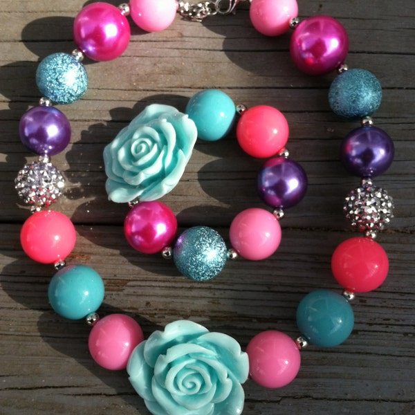 Mermaid Mint Rose/Hot Pink/Purple/Sparkle Chunky Bubblegum Necklace Set