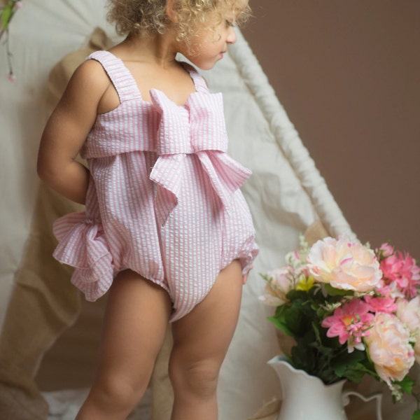 Pink Seersucker Baby Romper, Bow Romper, Baby Girls Romper, Girls Romper, Lace Romper, Shabby Chic Baby, Beach, Jumpsuit, Birthday Romper