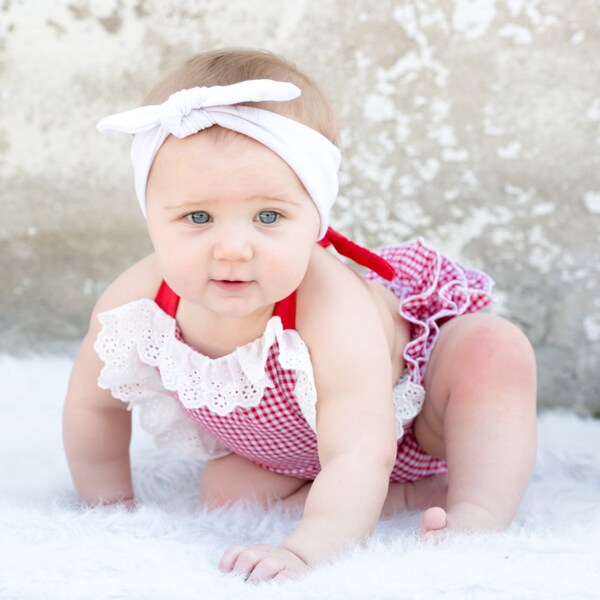 Red Gingam Bubble Romper-Shabby Chic Baby Romper-Farm Birthday Outfit-Boutique Baby Romper-Bubble Romper-Gingham Girls Dress-Eyelet Romper