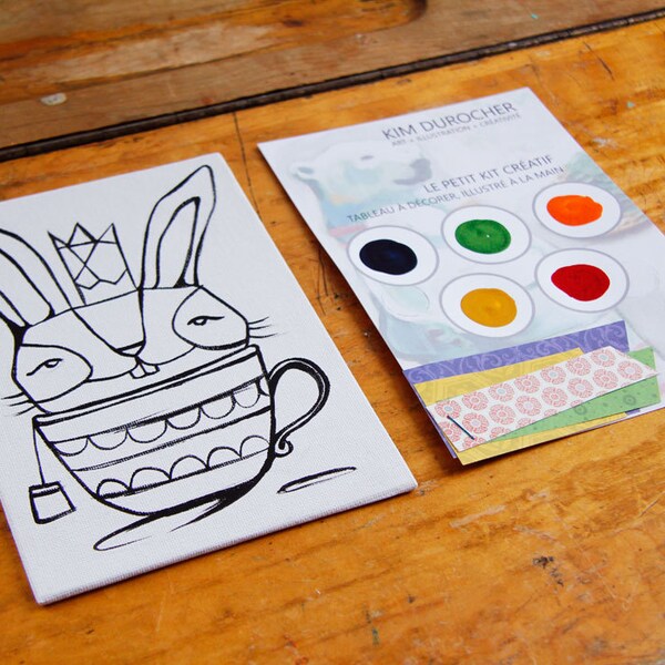 Bunny in a tea cup, DIY illustrated canvas, craft kit, bird illustration, kim durocher art, paint kit
