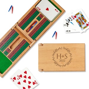 Couple Initial Wreath Engraved Cribbage Board Game - Wooden Cribbage Board Game - Cribbage Board Personalized - Cribbage Game Set