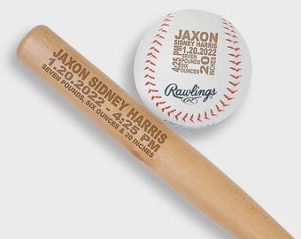 Personalized Baseball and Baseball Bat - Baby Birth Announcement - Newborn Stats Gift - Sports Nursery - Baseball Baby Gift