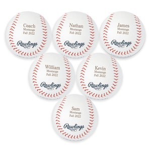 May include: Six white baseballs with red stitching and black lettering. Each ball has a different name and the text "Mustangs Fall 2022" and the Rawlings logo.