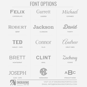 May include: A graphic showcasing font options for engraving. The image displays various names in different fonts, including "Felix," "Robert," and "Ted." Each name is paired with its corresponding font style, such as "Copperplate" and "Serif."
