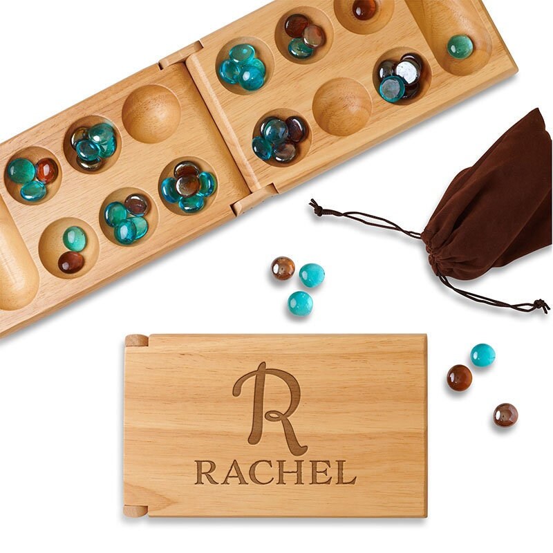 Deluxe Mancala Board Game With Glass Stones, 21 by 6 Inches, Made