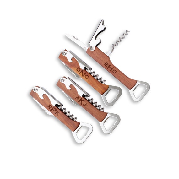 Wine Bottle Opener, Monogrammed Wooden Beer Bottle Opener Groomsmen Gift Corkscrew and Folding Knife, Wedding Party Favors, Bridesmaid Gift