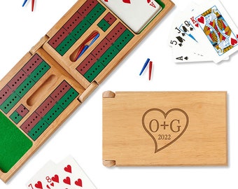 Initial Heart Engraved Cribbage Board Game  - Folding Cribbage Game Set - Wooden Cribbage Game Board - Custom Cribbage  Game