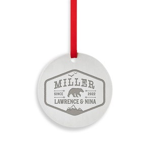 Couple Christmas Ornament - Bear Mountain Design - Cabin Holiday Decoration - Anniversary Gift - First Christmas Together - Metal Ornaments