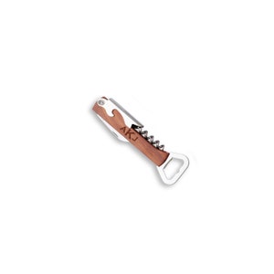 A silver and wood multi-tool personalized bottle opener with a corkscrew. The personalized pocket knife has a wooden handle with the initials "AKJ" engraved on it.
