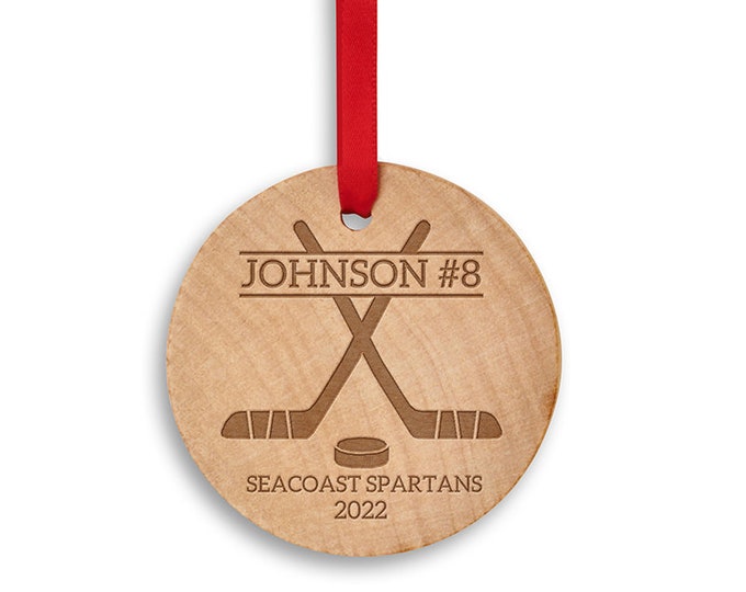 Ice Hockey Ornament Personalized - Hockey Team Gift - Engraved Wooden Hockey Player Christmas Ornament - Custom Athlete Christmas Gift