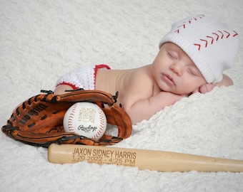 Birth Stats Engraved Baseball and Baseball Bat