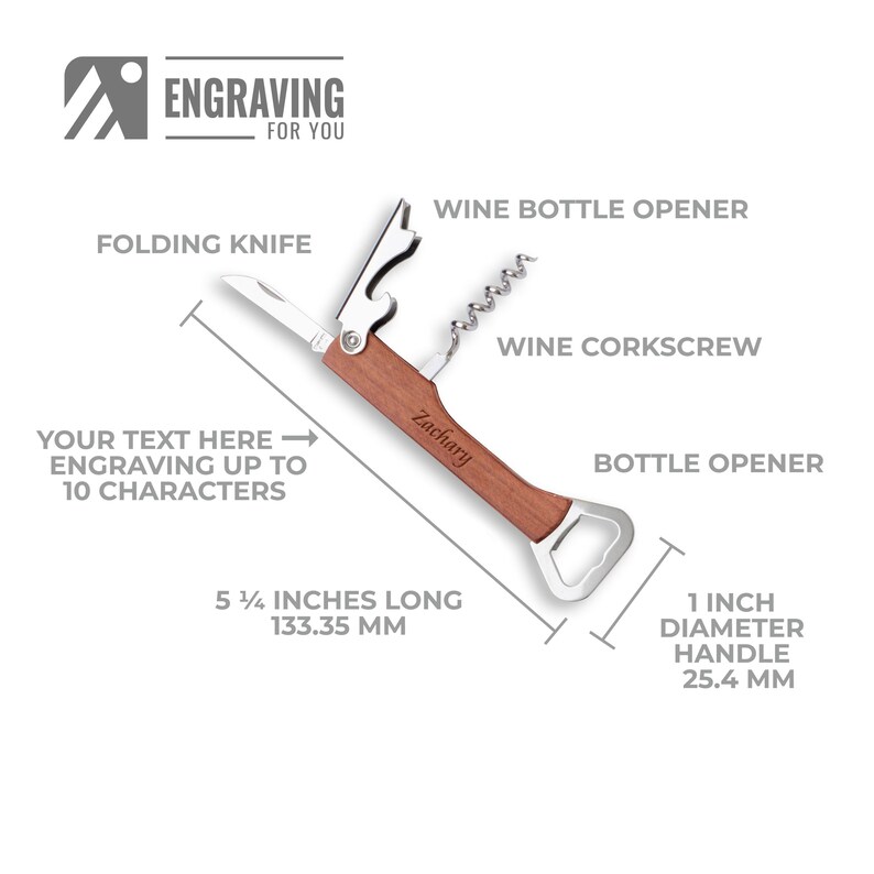 May include: A multi-tool with a wooden handle, featuring a folding knife, wine bottle opener, corkscrew, and bottle opener. The tool is 5 1/4 inches long and has a 1-inch diameter handle. The text "Zachary" is engraved on the handle.