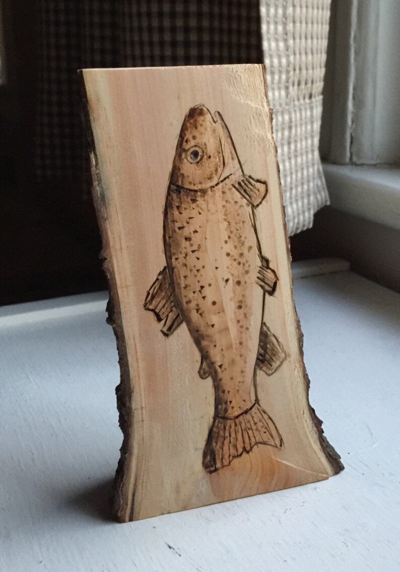 Trout wood burning Reclaimed wood fish Nautical wall decor Etsy