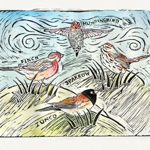 Linocut Backyard Birds Finch Sparrow Hummingbird California Birds Handprinted