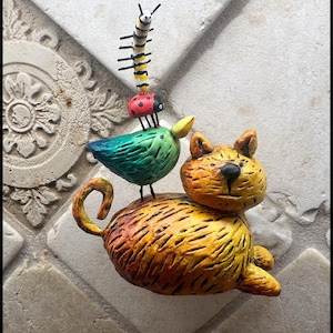 Kitty and Friends, whimsical Paperclay wall sculpture