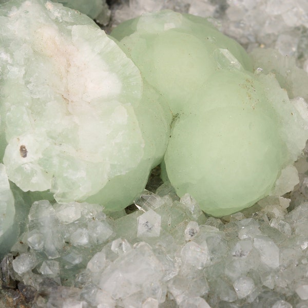 Beautiful Green Prehnite Spherical Crystal Spherical Clusters on Sparkling Druzy Apophyllite