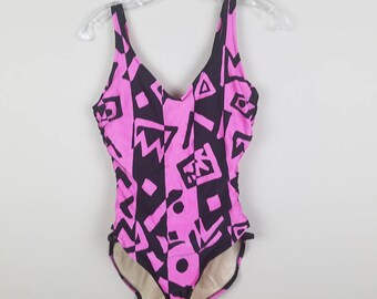 Vintage 80s one piece - pink and black swimsuit - vintage one piece swimsuit - vintage bathing suit - abstract design swimwear