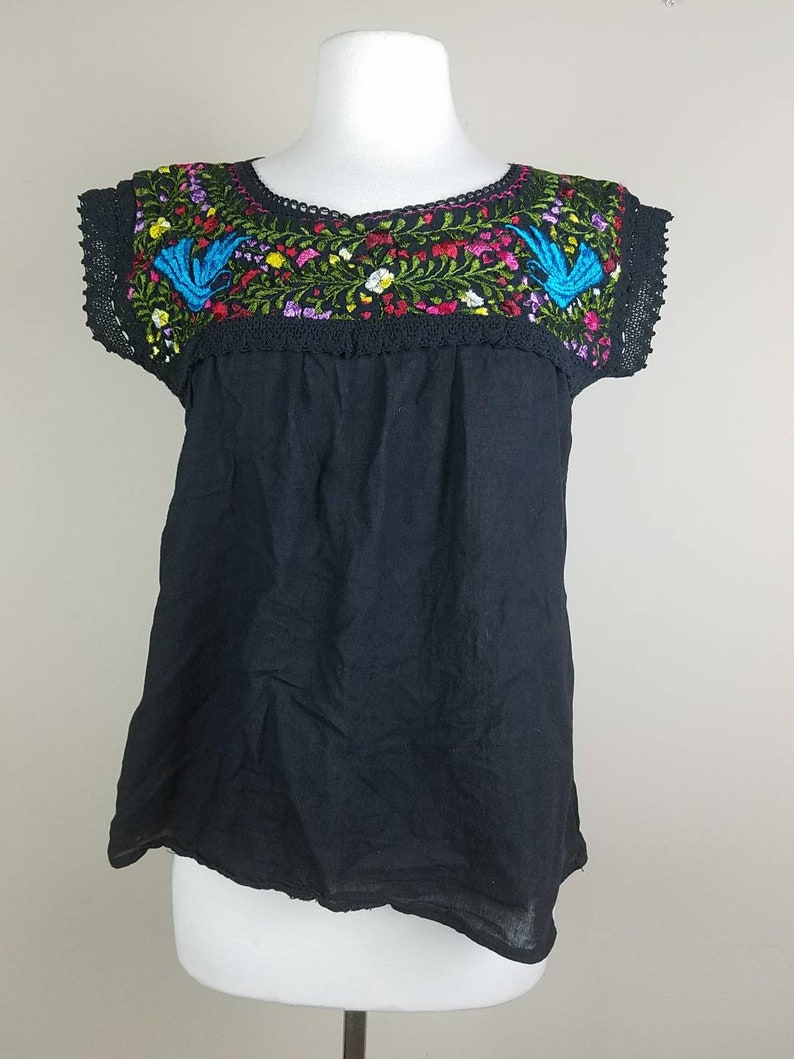 Spanish style shirt with short sleeves black tunic Mexican embroidery top tunic with colorful embroidered floral top
