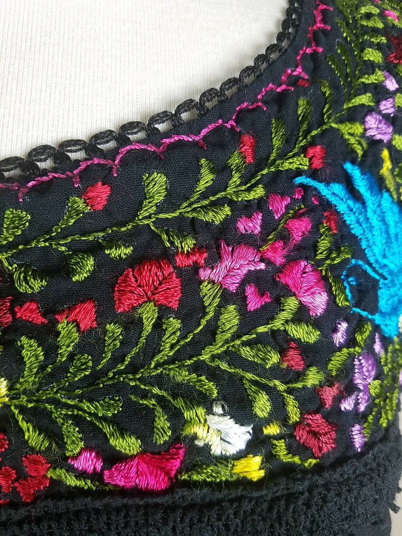 Spanish style shirt with short sleeves black tunic Mexican embroidery top tunic with colorful embroidered floral top