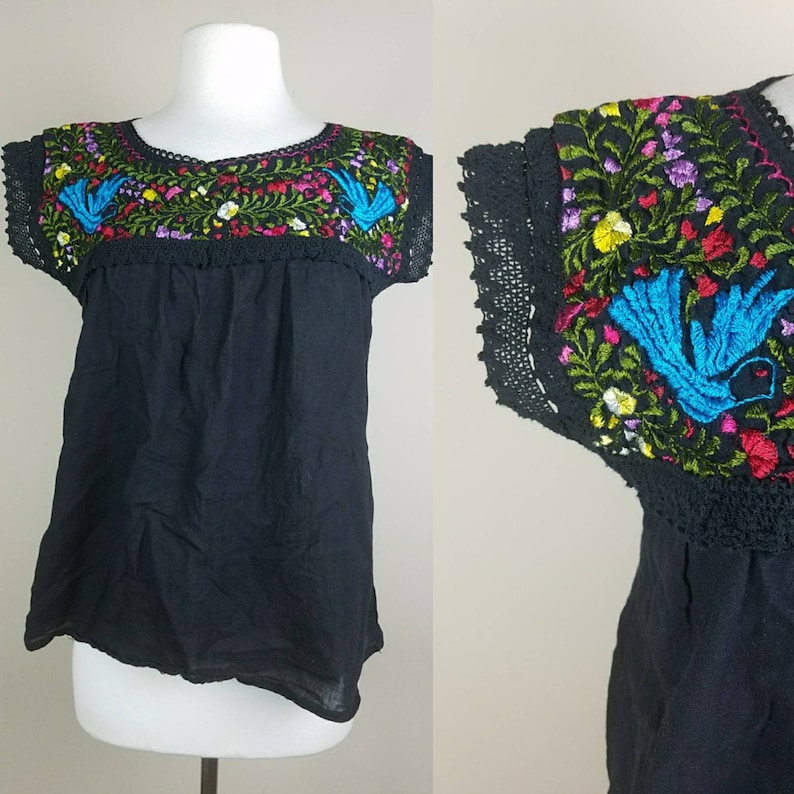 Spanish style shirt with short sleeves black tunic Mexican embroidery top tunic with colorful embroidered floral top