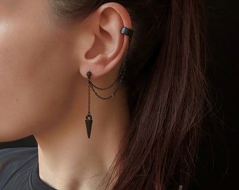 Chain Earrings Gunmetal Earrings Long Earrings Spike Earrings Edgy Jewelry Spike Jewelry Dangle Earrings with Spike Drop Earrings