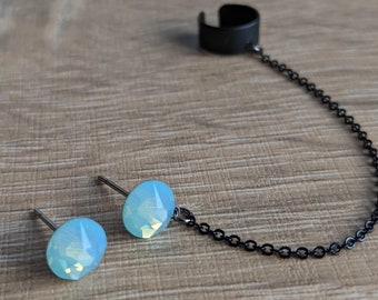 Black stud earrings, Black chain ear cuff earrings