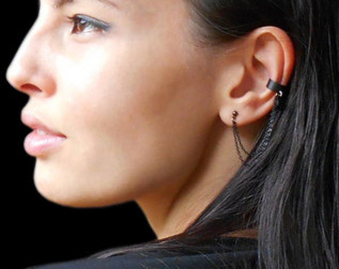 Black Ear Cuff With Black Crystal Black Cuff Earring Single Etsy