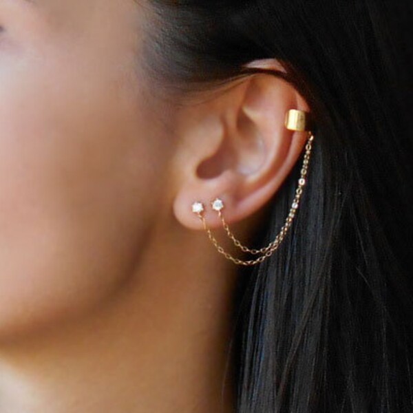 Double piercing cuff earrings,  Gold Chain cuff earrings, Cubic Zirconia cuff earrings