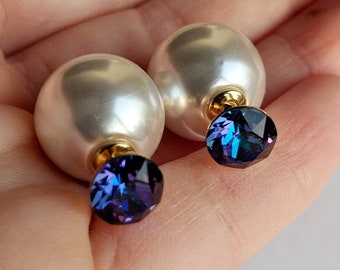 Boucles d'oreilles double face violettes, boucles d'oreilles en perles blanches, boucles d'oreilles en perles de cristal