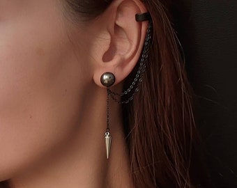Spike cuff earrings, Black chain cuff earrings, Spike earrings