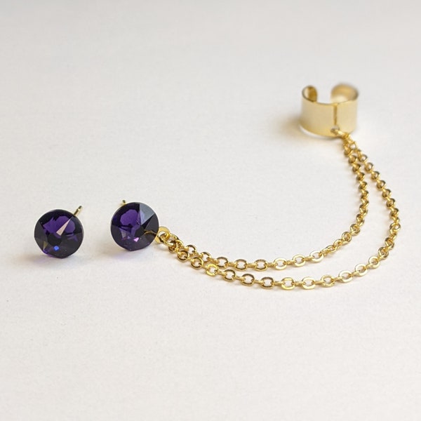 Crystal cuff earrings,Stud earrings with chain, Gold chain earrings