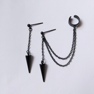 Black spike cuff earrings, Black chain cuff earrings, Spike earrings image 2