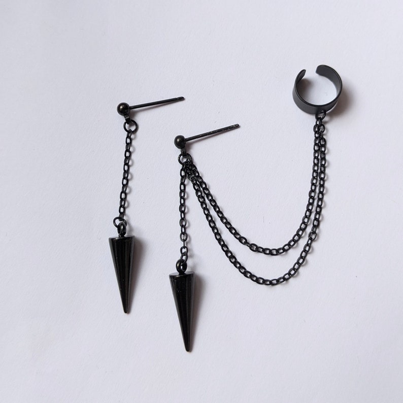 Black spike cuff earrings, Black chain cuff earrings, Spike earrings image 2