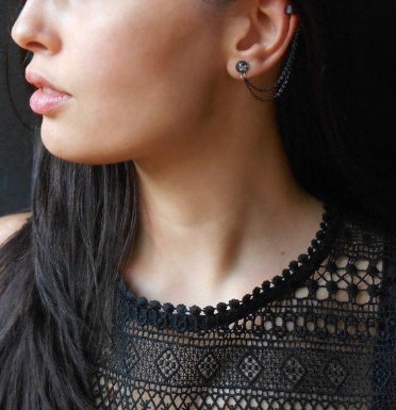 Chain Cuff Earrings Black Ear Cuff Earrings Crystal Stud Etsy