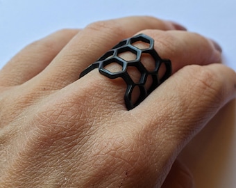 Black Plated Brass Ring, Adjustable Statement Jewelry