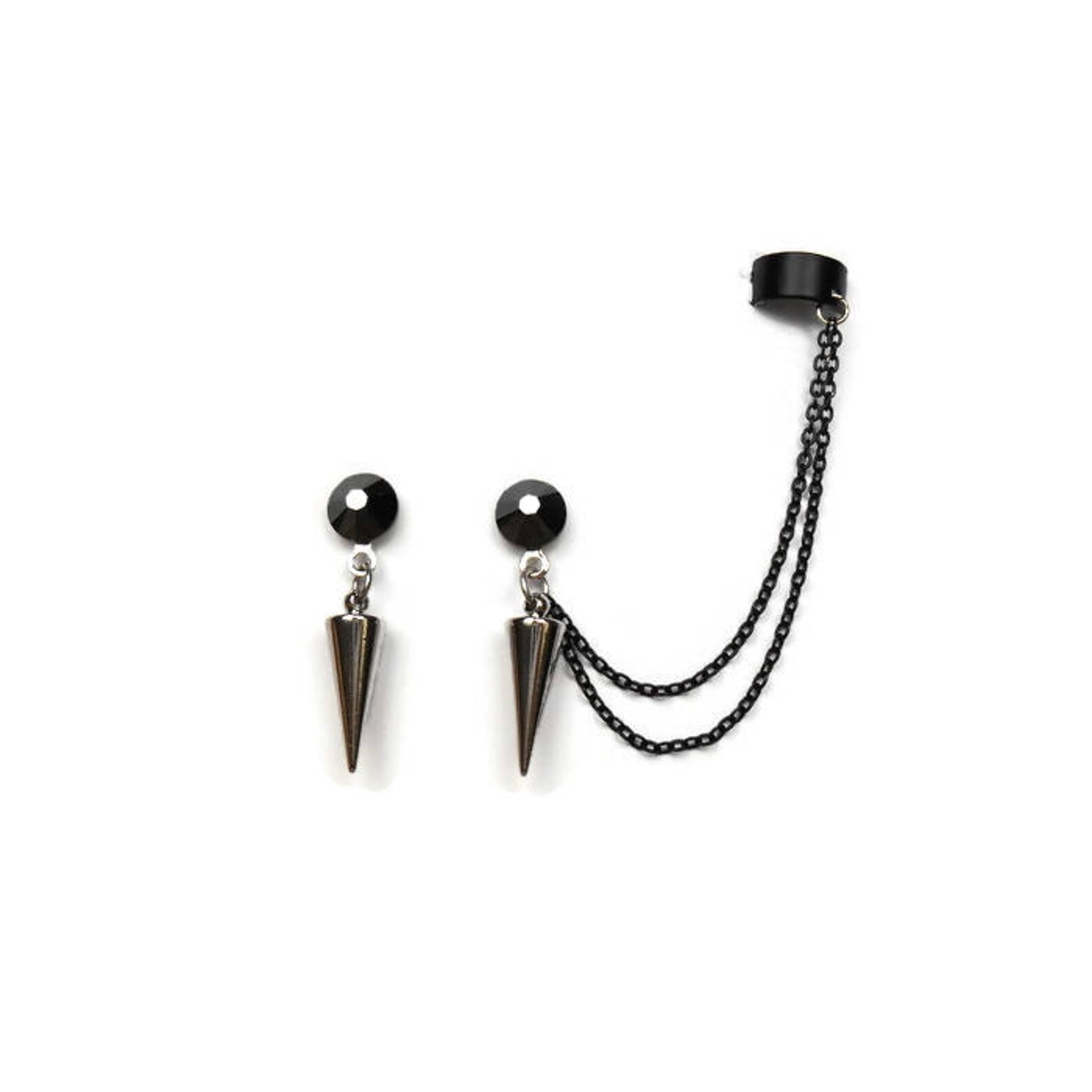 Black Ear Cuff Earrings Spike Ear Cuff Earrings Black Chain Etsy