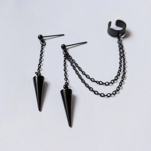 Black spike cuff earrings, Black chain cuff earrings, Spike earrings image 4