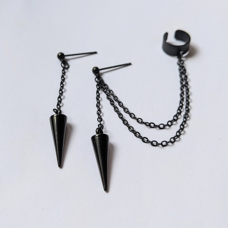Black spike cuff earrings, Black chain cuff earrings, Spike earrings image 4