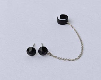 Black Crystal Ear Cuff Earrings, Ear cuff with chains