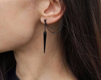 Black Spike Chain Cuff Earrings, Goth Punk Style