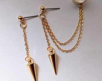 Gold Spike Cuff Earrings, Gold chain cuff earrings, Spike earrings