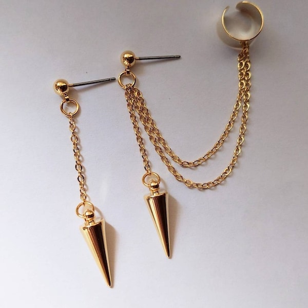 Gold spike cuff earrings, Gold chain cuff earrings, Spike earrings