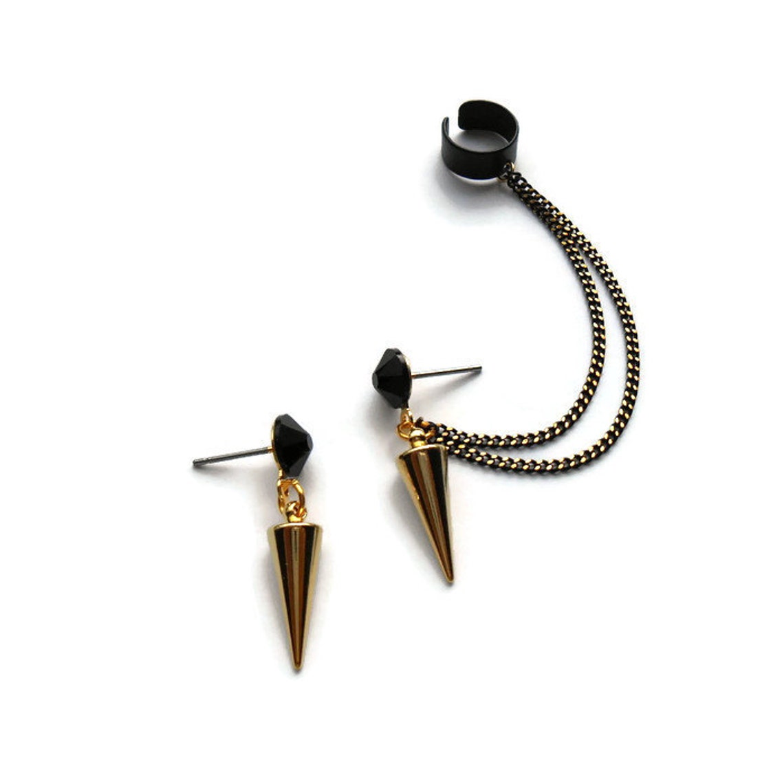 Gold Spike Ear Cuff Earrings Rock Style Black Cuff Earrings Etsy