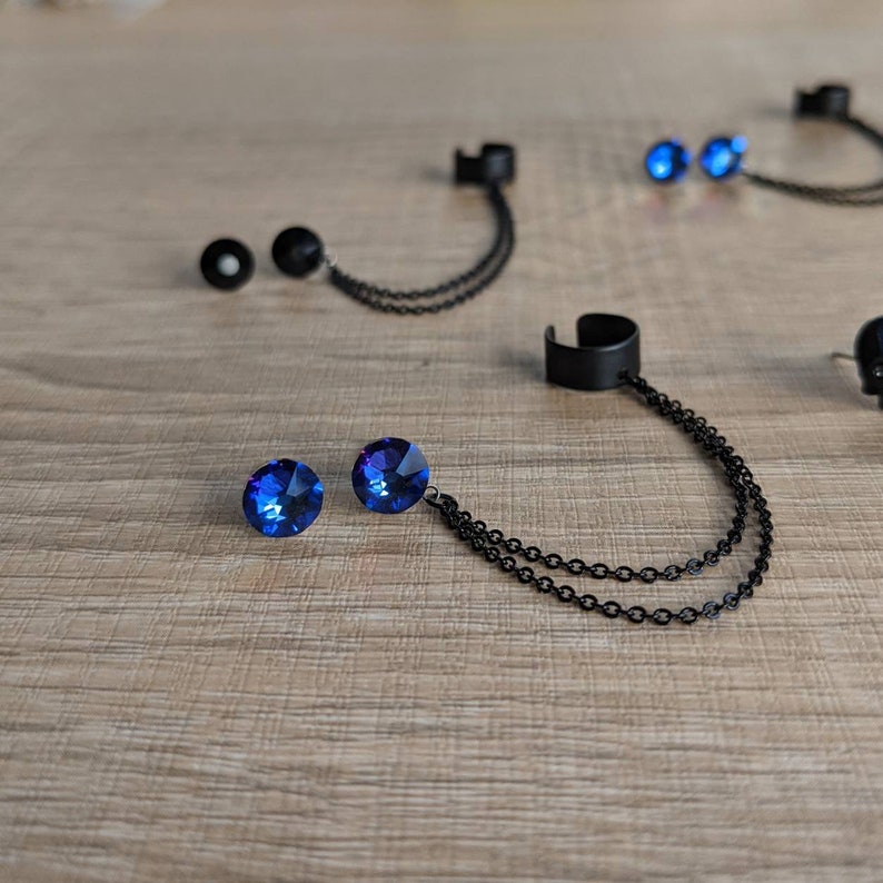 Chain cuff Earrings Black ear cuff earrings Crystal stud Etsy