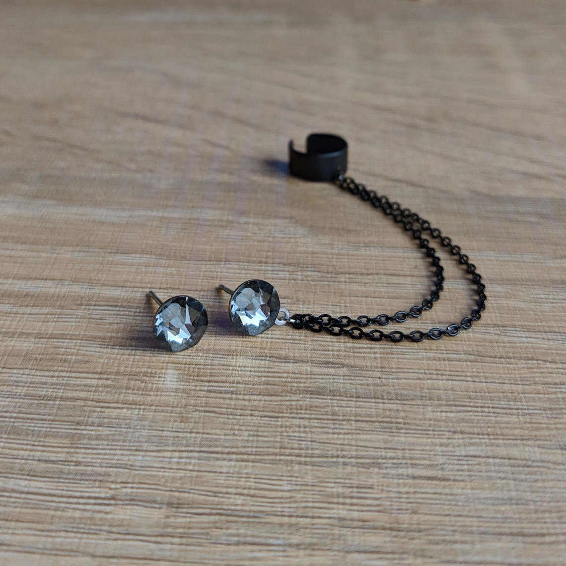 Chain cuff Earrings Black ear cuff earrings Crystal stud Etsy