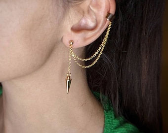 Gold Spike Cuff Earrings, Gold chain cuff earrings, Spike earrings